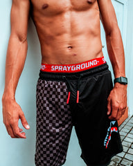 GREY CHECKERED SPLIT CORTO SWIM TRUNKS