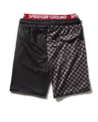 GREY CHECKERED SPLIT CORTO SWIM TRUNKS